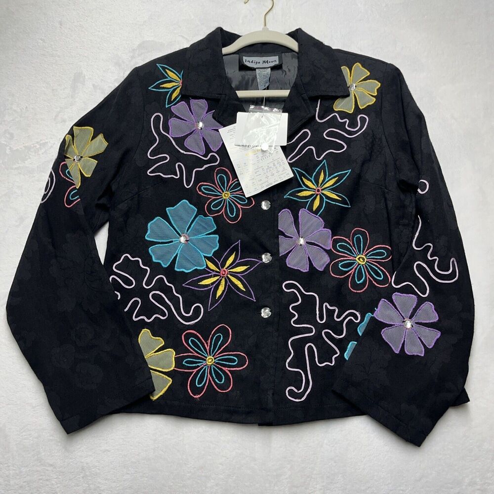 Indigo Moon Jacket‎ Womens Small Floral Embroidered Button Front Artsy Jewel NWT